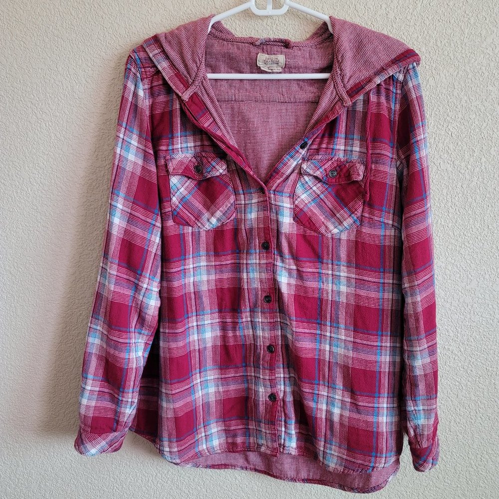 Flannel shirt with hood.